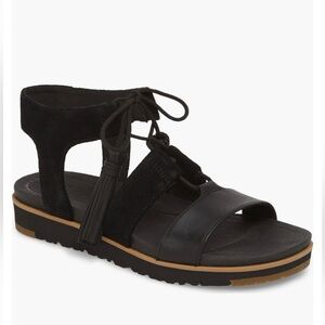 UGG Marissa Tassel Ties Black Leather and Suede Gladiator Sandals, size 9
